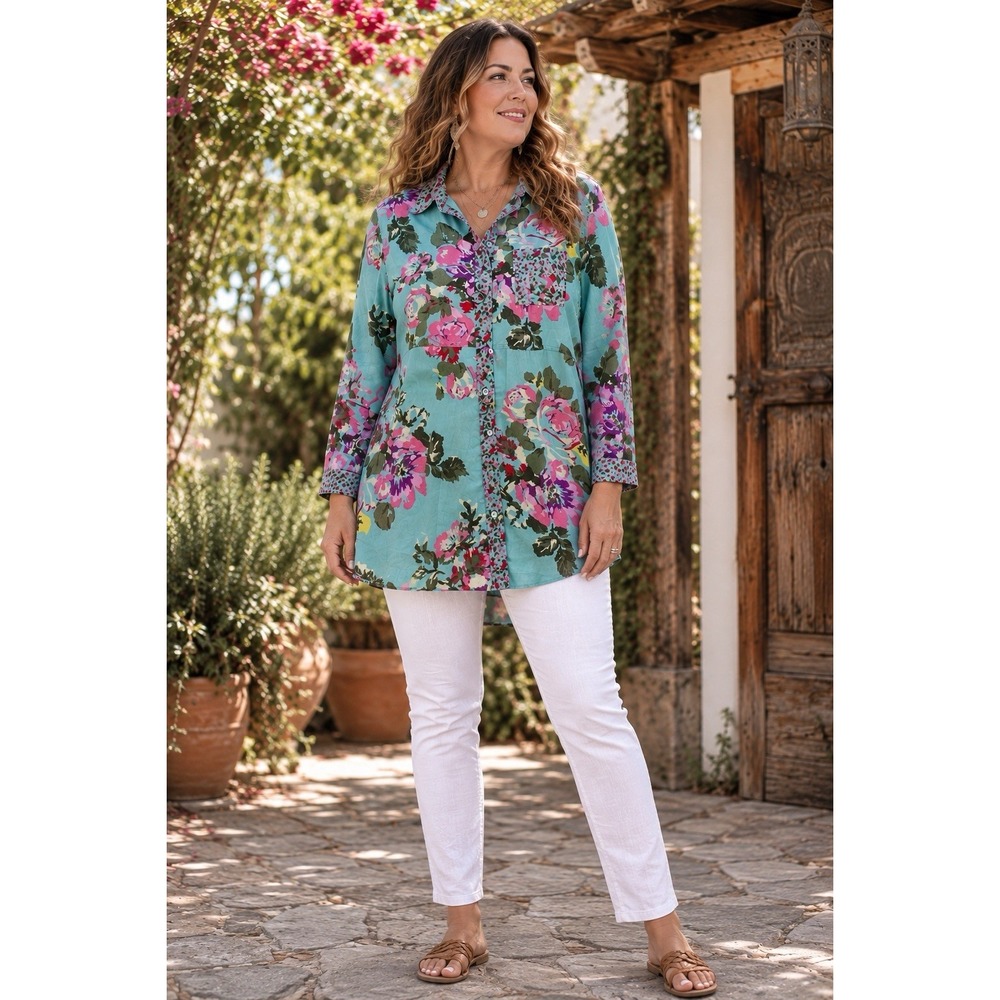 Soft Surroundings L Cotton Floral Tunic Shirt Aqua Boho Cottagecore PP48